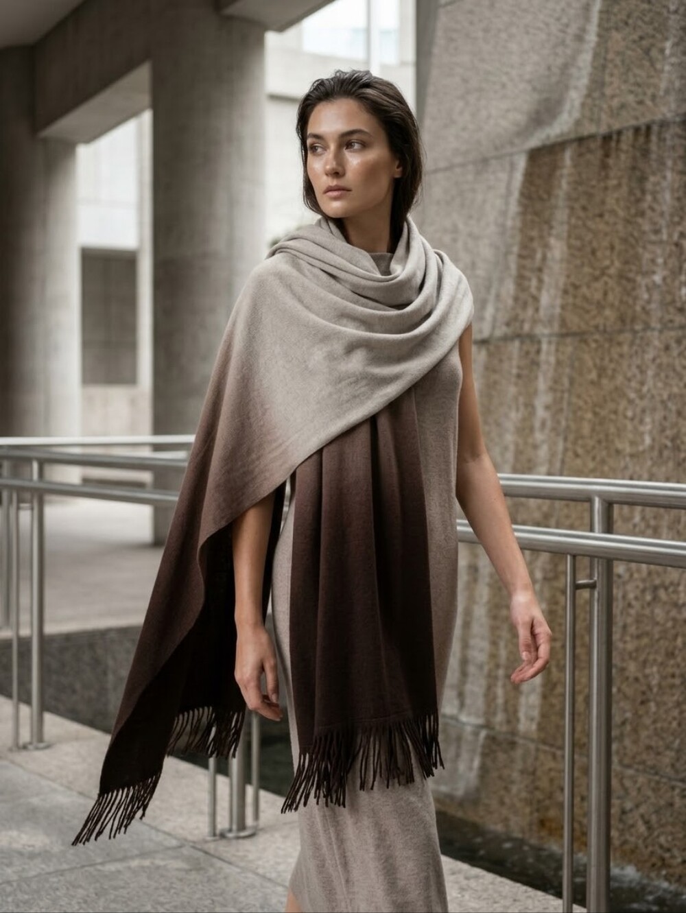 Wool Blend Knit Fringed Large Scarf Wrap Neutral Ombre